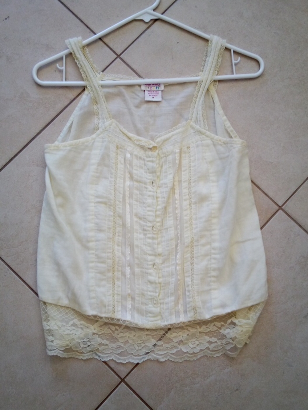 Funky People Creamy-Light Yellow Lace-Trim Sleeveless Top
